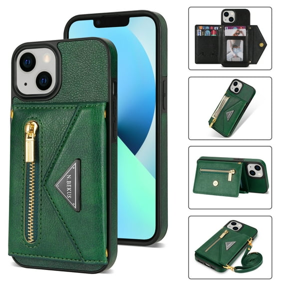 Wallet Case for iPhone 14 with Card Slots Zipper Pocket Kickstand Function Crossbody Detachable Shoulder Strap Shockproof Purse Case for iPhone 14,Green