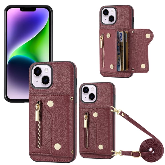 Wallet Case for iPhone 14, Classic Lychee Texture PU Leather Purse Case with Accordion Card Slots, Protective Crossbody Flip Cover with Zipper Shoulder Strap Lanyard for iPhone 14, Winered