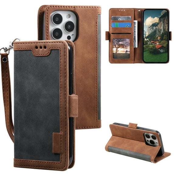 Wallet Case for iPhone 14,Decase Double Color Retro Style Protective PU Leather Folio Cover with Card Holder & Hand Strap,Men Women Stylish Flip Case,for Apple iPhone 14 - Gray