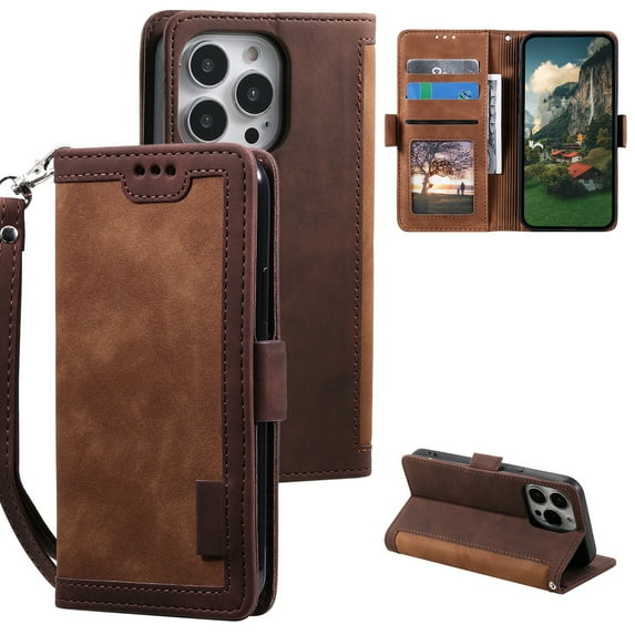 Wallet Case for iPhone 14,Decase Double Color Retro Style Protective PU Leather Folio Cover with Card Holder & Hand Strap,Men Women Stylish Flip Case,for Apple iPhone 14 - Brown