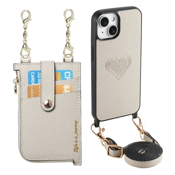 Wallet Case for iPhone 14 with Detachable Card Holder, PU Leather Shoulder Strap Chain Crossbody Phone Cover, Card Slots Heart Pattern Zipper Purse Case with Lanyard for iPhone 14, Gray
