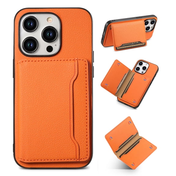 Wallet Case for iPhone 14 with Detachable Card Holder Stick on PU Leather Phone Case, Flip Kickstand Magnetic Folio Card Slots Shockproof Protection Cover for iPhone 14, Orange