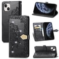 thumbnail image 1 of Wallet Case for iPhone 14, Glitter PU Leather Magnetic Closure Handbag Embossed Case Kickstand Card Holder Slots with Wrist Strap TPU Shockproof Flip Cover RFID Blocking, Black, 1 of 12
