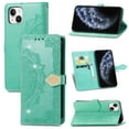 thumbnail image 1 of Wallet Case for iPhone 14, Glitter PU Leather Magnetic Closure Handbag Embossed Case Kickstand Card Holder Slots with Wrist Strap TPU Shockproof Flip Cover RFID Blocking, Green, 1 of 11
