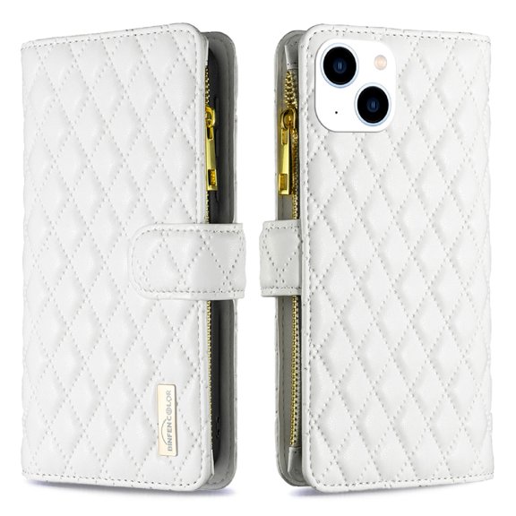 Wallet Case for iPhone 14 with Magnetic Clasp Wrist Strap Card Slots Kickstand Flip Folio Phone Cover, Luxury PU Leather Soft TPU Shockproof Anti-Drop Zipper Pocket Case for iPhone 14,White