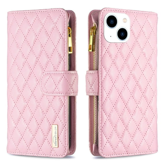 Wallet Case for iPhone 14 with Magnetic Clasp Wrist Strap Card Slots Kickstand Flip Folio Phone Cover, Luxury PU Leather Soft TPU Shockproof Anti-Drop Zipper Pocket Case for iPhone 14,Pink
