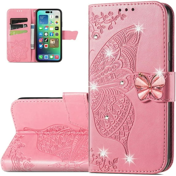 Wallet Case for iPhone 14 (Not fit 14 Max),3D Butterfly Pattern PU Leather Case with Magnetic Clasp and Cash Card Slots Holder Holster for iPhone 14 (6.1), HZD Rhinestone Pink
