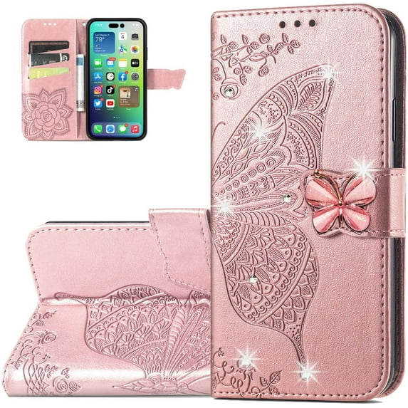 Wallet Case for iPhone 14 (Not fit 14 Max),3D Butterfly Pattern PU Leather Case with Magnetic Clasp and Cash Card Slots Holder Holster for iPhone 14 (6.1), HZD Rhinestone Rose Gold