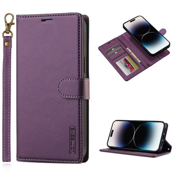 Wallet Case for iPhone 14, PU Leather Credit Card Holder Phone Case [3 Card Slots] Folio Flip Detachable Magnetic Cover Kickstand & Carrying Strap for iPhone 14, Purple