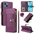 thumbnail image 1 of Wallet Case for iPhone 14, PU Leather RFID Blocking Card Slots Zipper Pocket Magnetic Buckle Kickstand Shoulder Strap & Wrist Strap Rugged Phone Cover for iPhone 14, Purple, 1 of 11