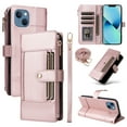 thumbnail image 1 of Wallet Case for iPhone 14, PU Leather RFID Blocking Card Slots Zipper Pocket Magnetic Buckle Kickstand Shoulder Strap & Wrist Strap Rugged Phone Cover for iPhone 14, Rosegold, 1 of 11