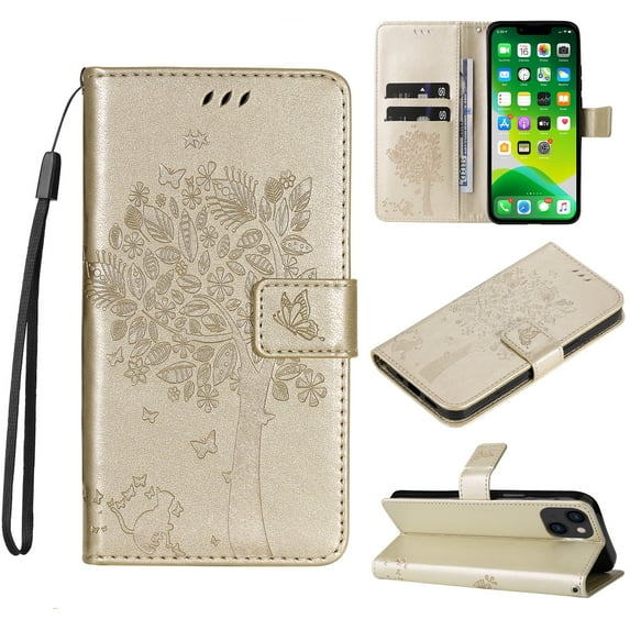 Wallet Case for iPhone 14 Plus 6.7" 2022, Allytech Embossed Tree&Cat PU Leather and TPU Bumper Anti-Shock Drop Proof Hand Strap Case for iPhone 14 Plus 5G, Gold