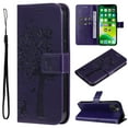 thumbnail image 1 of Wallet Case for iPhone 14 Plus 6.7" 2022, Allytech Embossed Tree&Cat PU Leather and TPU Bumper Anti-Shock Drop Proof Hand Strap Case for iPhone 14 Plus 5G, Purple, 1 of 5