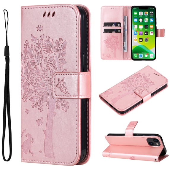 Wallet Case for iPhone 14 Plus 6.7" 2022, Allytech Embossed Tree&Cat PU Leather and TPU Bumper Anti-Shock Drop Proof Hand Strap Case for iPhone 14 Plus 5G, Rosegold