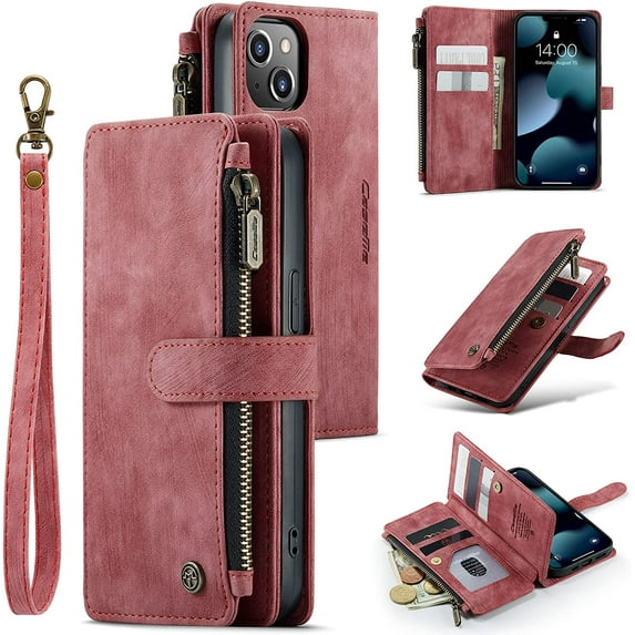 Wallet Case for iPhone 14 Plus 6.7 inch, Premium Handmade PU Leather Phone Case Card Slots Magnetic Closure Zipper Pocket Kickstand Flip Case with Hand Strap - Vintage Red
