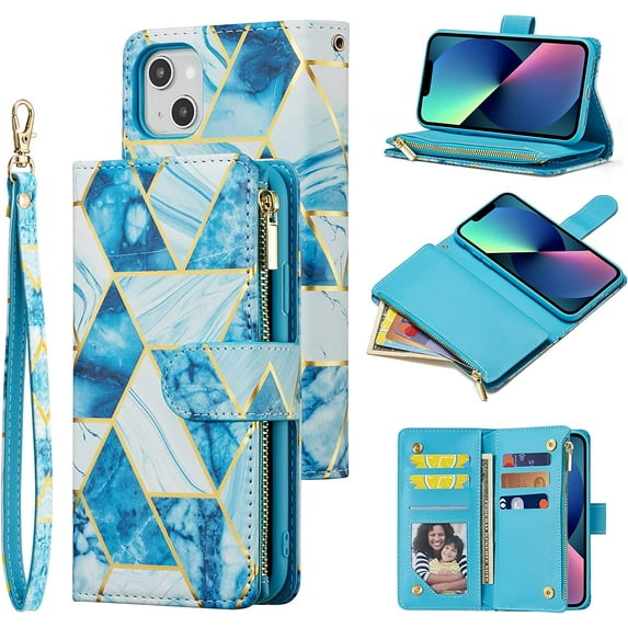 Wallet Case for iPhone 14 Plus 6.7 inch, Premium Vintage PU Leather Magnetic Closure Handbag Zipper Pocket Case Kickstand Card Slots with Wrist Strap Shockproof Flip Case - Marble Blue