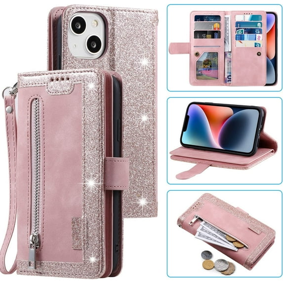 Wallet Case for iPhone 14 Plus 6.7 inch, Retro 9 Card Holder Slots Zipper Pocket Handbag Case Magnetic Closure Kickstand with Wrist Strap TPU Shockproof Flip Case - Rose Gold