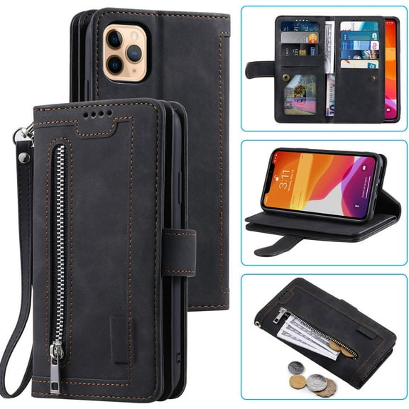 Wallet Case for iPhone 14 Plus 6.7 inch, Retro 9 Card Holder Slots Zipper Pocket Handbag Case Magnetic Closure Kickstand with Wrist Strap TPU Shockproof Flip Case - Black