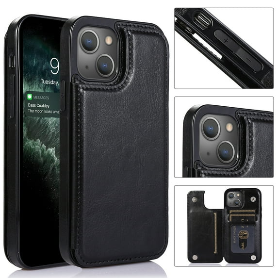Wallet Case for iPhone 14 Plus with Card Holder, Back Folio Flip Premium PU Leather Kickstand Card Slots Case, Double Strong Magnetic Clasp Durable Shockproof Phone Case for iPhone 14 Plus,Black