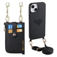thumbnail image 1 of Wallet Case for iPhone 14 Plus with Detachable Card Holder, PU Leather Shoulder Strap Chain Crossbody Phone Cover, Card Slots Heart Pattern Zipper Purse Case with Lanyard for iPhone 14 Plus, Black, 1 of 11