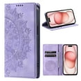thumbnail image 1 of Wallet Case for iPhone 14 Plus Embossed Pattern Flip Kickstand Classic PU Leather Case for iPhone 14 Plus with Card Holder, Magnetic Shockproof Protection Totem Pattern Purse Cover, Purple, 1 of 11