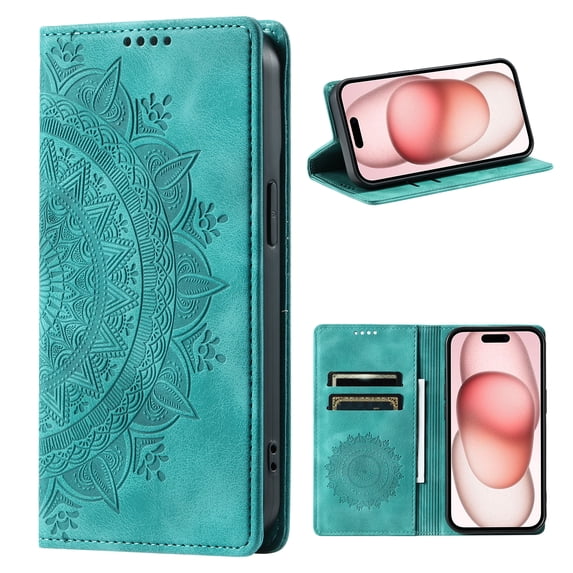 Wallet Case for iPhone 14 Plus Embossed Pattern Flip Kickstand Classic PU Leather Case for iPhone 14 Plus with Card Holder, Magnetic Shockproof Protection Totem Pattern Purse Cover, Green