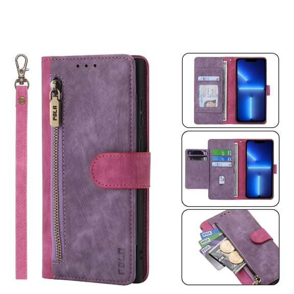 Wallet Case for iPhone 14 Plus, PU Leather Color Blocking Card Slots Cash Holder Zipper Flip Folio Purse Cover with Stand Magnetic Clasp Wrist Strap Shockproof Phone Case for iPhone 14 Plus,Rose