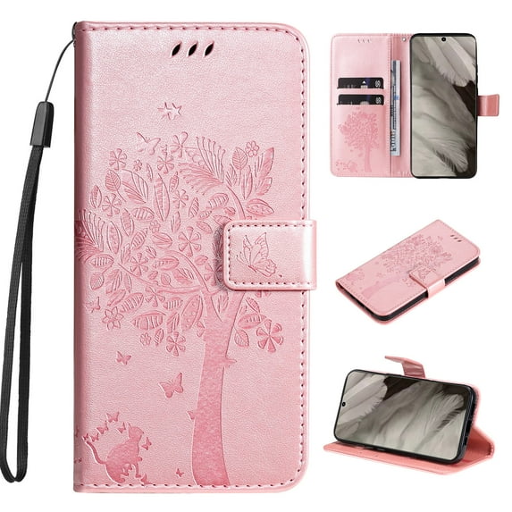 Wallet Case for iPhone 14 Plus, PU Leather Flip Protective Phone Case Wrist Strap Card Slots Holder Cash Pocket Embossed Kickstand Anti-Scratch Shockproof Case for iPhone 14 Plus, Rosegold