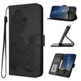 thumbnail image 1 of Wallet Case for iPhone 14 Plus, PU Leather Flip Protective Phone Case Wrist Strap Card Slots Holder Pocket Emboss Flower Stand Magnetic Book Case for iPhone 14 Plus - Black, 1 of 6