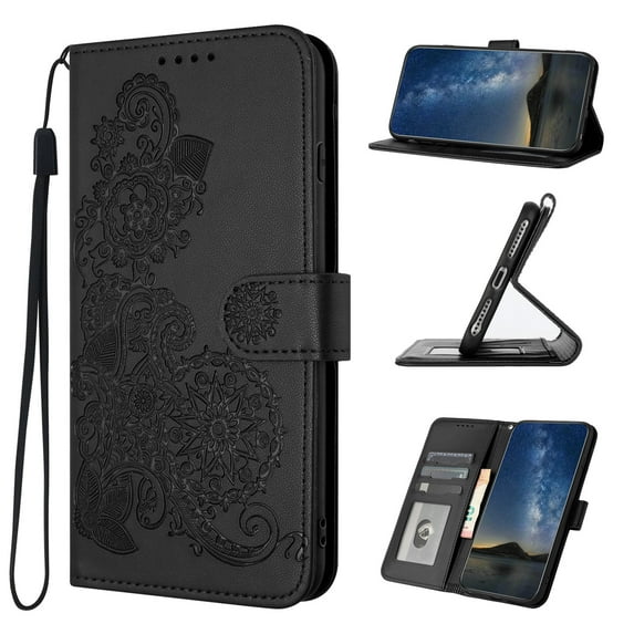 Wallet Case for iPhone 14 Plus, PU Leather Flip Protective Phone Case Wrist Strap Card Slots Holder Pocket Emboss Flower Stand Magnetic Book Case for iPhone 14 Plus - Black