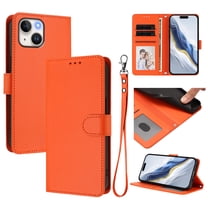 Wallet Case for iPhone 14 Plus, PU Leather Protective Case Wallet with Card Holder/Cash Slot, Flip Kickstand, Wrist Hand Strap, Magnetic Clasp, Shockproof Full Body Phone Cover, Orange