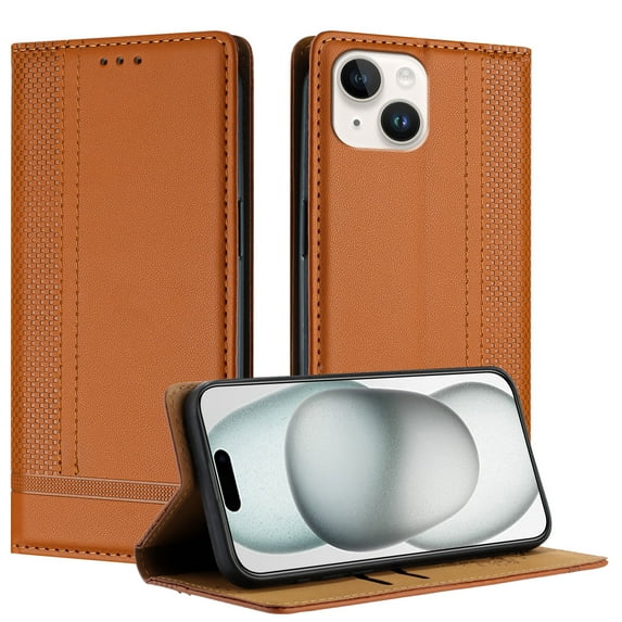 Wallet Case for iPhone 14 Plus, Premium PU Leather Magnetic Flip Folio Case with Credit Card Slots Multi-angle Kickstand Shockproof Protective Phone Case Cover, Brown