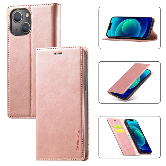 Wallet Case for iPhone 14 Plus, Premium PU Leather Magnetic Flip Kickstand Folio Case with RFID Blocking Credit Card Slots Shockproof Soft TPU inner Bumper Protective Phone Cover,Rosegold
