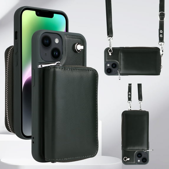 Wallet Case for iPhone 14 Plus, RFID Blocking PU Leather Purse Case with Card Holder, Crossbody Strap Magnetic Handbag Flip Cover with Detachable Zipper Pocket Women For iPhone 14 Plus, Green