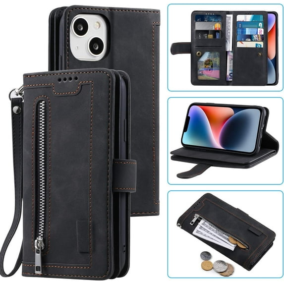 Wallet Case for iPhone 14 Plus, Retro Matte 9 Card Holder Slots Zipper Pocket Case PU Leather Magnetic Closure Kickstand with Wrist Strap Shockproof Folio Flip Case - Black