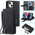 thumbnail image 1 of Wallet Case for iPhone 14 Plus, Retro Matte 9 Card Holder Slots Zipper Pocket Case PU Leather Magnetic Closure Kickstand with Wrist Strap Shockproof Folio Flip Case - Black, 1 of 10