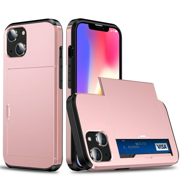Wallet Case for iPhone 14 Plus, Rugged Case with Credit Card Holder Sliding Slot, Military Grade Shockproof Scratch Resistant Anti-Drop Phone Cover for iPhone 14 Plus, Rosegold