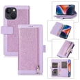 thumbnail image 1 of Wallet Case for iPhone 14 Plus Shining Zipper Pocket Cover, Glitter Sparkle Luxury PU Leather Magnetic Flip Folio Case with Card Slots Kickstand Wrist Hand Strip Shockproof Case, Purple, 1 of 7
