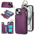 thumbnail image 1 of Wallet Case for iPhone 14 Plus with Shoulder Strap & RFID Blocking Card Slots Holder Kickstand & Finger Ring, Magnetic Flip Folio Zipper Purse Case, PU Leather Cover Handbag, Darkpurple, 1 of 8