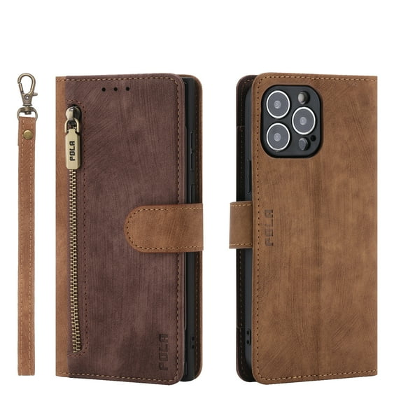 Wallet Case for iPhone 14 Plus with Stand Card Slots Cash Holder Magnetic Clasp Wrist Strap Flip Phone Case, PU Leather Color Blocking Shockproof Zipper Folio Purse Cover for iPhone 14 Plus,Brown