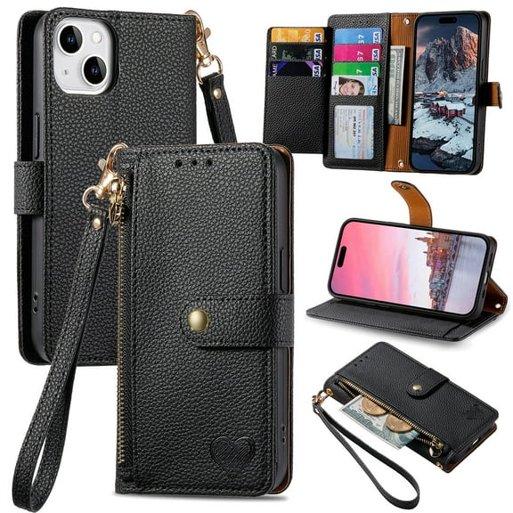 Wallet Case for iPhone 14 Plus Women Men, Durable PU Leather Magnetic Flip Lanyard Strap Wristlet Zipper Card Holder Kickstand Wallet Phone Case Cover Full Body Protection, Black