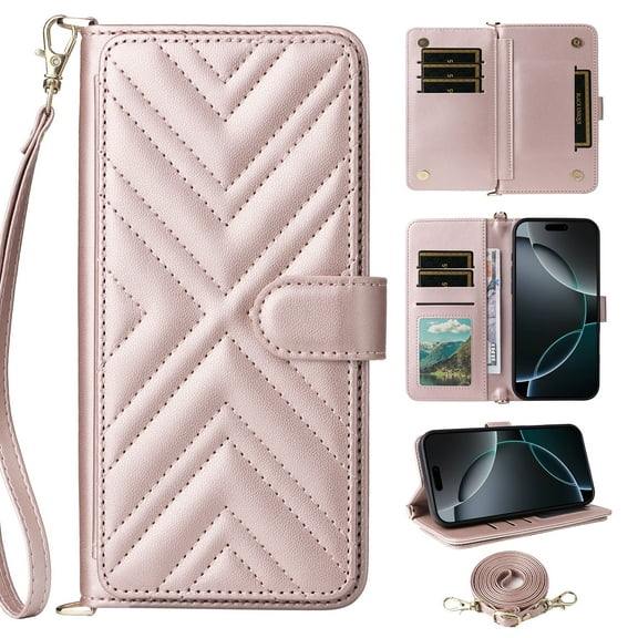 Wallet Case for iPhone 14 Plus with Wrist Strap, Crossbody Shoulder Strap, Card Slots Purse, Luxury PU Leather Kickstand Cell Phone Cover Maagnetic Closure for iPhone 14 Plus, Pink