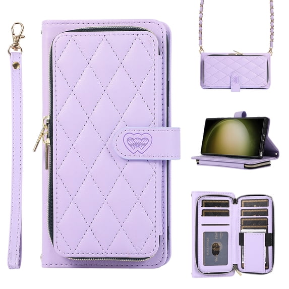 Wallet Case for iPhone 14 Plus Zipper Purse Cover, PU Leather Wrist Strap and Chain Strap Crossbody Case with Card Holder Shockproof Full Body Protection Phone Case for Women Girls, Purple