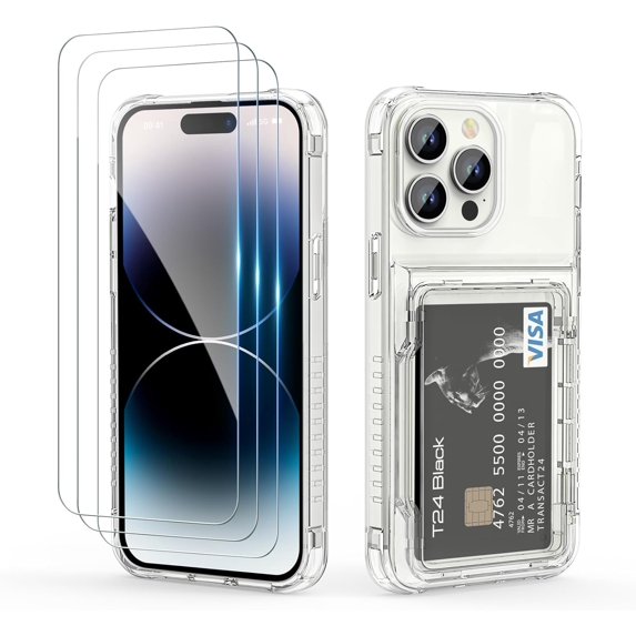 Wallet Case for iPhone 14 Pro with 3 PCS Screen Protectors, Clear Anti-Yellowing Shockproof Card Holder, Hidden Flip Card Slot Protective Cover Case for iPhone 14 Pro, 6.1'' Clear