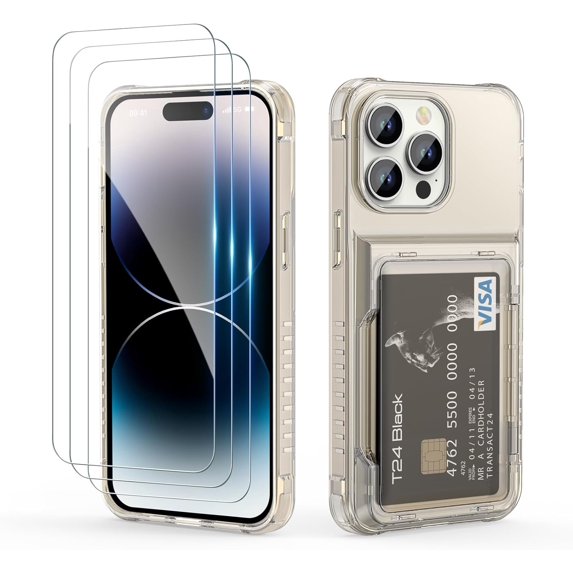 Wallet Case for iPhone 14 Pro with 3 PCS Screen Protectors, Clear Anti-Yellowing Shockproof Card Holder, Hidden Flip Card Slot Protective Cover Case for iPhone 14 Pro, 6.1'' Clear Black