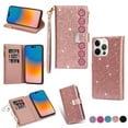 thumbnail image 1 of Wallet Case for iPhone 14 Pro 5G, Glitter Bling Flip Folio Leather Protective Magnetic Stand Zipper Purse Phone Cover with Card Slot Holder Wrist Strap for Women, Rosegold, 1 of 9