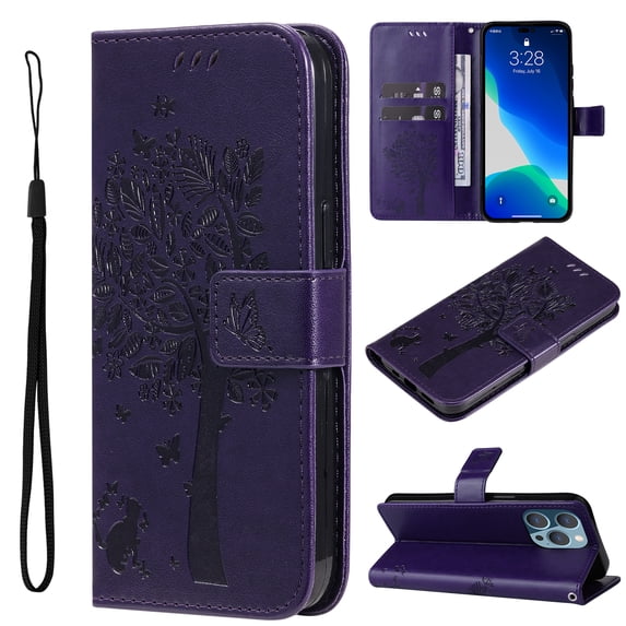 Wallet Case for iPhone 14 Pro 6.1" 2022, Allytech Embossed Tree&Cat PU Leather and TPU Bumper Anti-Shock Drop Proof Hand Strap Case for iPhone 14 Pro 5G, Purple