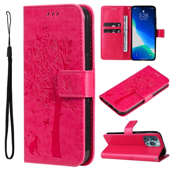 Wallet Case for iPhone 14 Pro 6.1" 2022, Allytech Embossed Tree&Cat PU Leather and TPU Bumper Anti-Shock Drop Proof Hand Strap Case for iPhone 14 Pro 5G, Rose