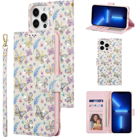 Wallet Case for iPhone 14 Pro 6.1 inch, PU Leather Phone Case Kickstand RFID Blocking Flip Case with Card Slots Wrist Strap Relief Engraved Pattern Magnetic Closure Folio Case - Butterfly