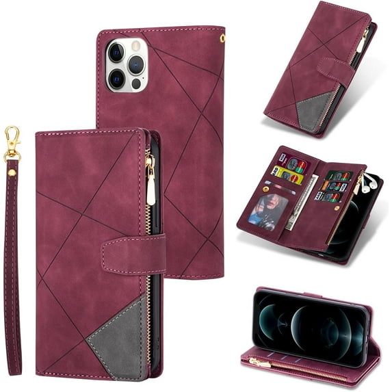 Wallet Case for iPhone 14 Pro 6.1 inch, Vintage Premium PU Leather Cover Flip Case with Card Slots Magnetic Closure Zipper Pocket Kickstand Handbag with Hand Strap - Red